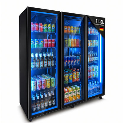 FREEZE. OneTwoFifty A Getränkekühlschrank mit Glastür & LED-Beleuchtung - Flaschenkühlschrank mit 1100L Kapazität, Aluminiumrahmen, Bierkühlschrank, Auto-Abtauung, 4 bis +10 °C