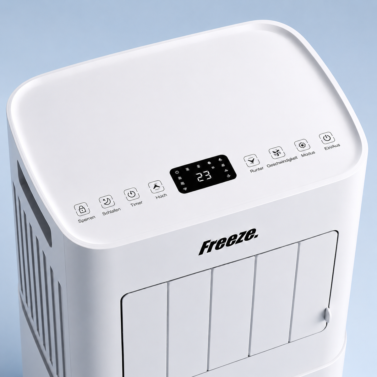 Freeze Mobile Klimaanlage Weiß – Monoblock-Klimagerät mit LED-Display & Fernbedienung, Timer und Sleep‑Modus, verstellbarer Luftauslass, Kindersicherung, Rollen, inkl. Abluftschlauch & Fensterkit