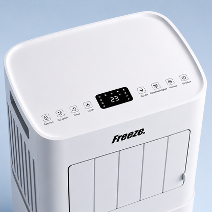 Freeze Mobile Klimaanlage Weiß – Monoblock-Klimagerät mit LED-Display & Fernbedienung, Timer und Sleep‑Modus, verstellbarer Luftauslass, Kindersicherung, Rollen, inkl. Abluftschlauch & Fensterkit