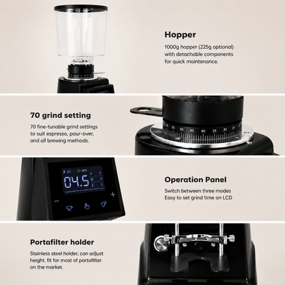 ROASTLY CK74 Elektrische On‑Demand Espressomühle – Scheibenmahlwerk mit stufenloser Mikrometer‑Skala (Skalenring), Touch‑Digitaldisplay mit Timer & Einzel-/Doppeldosis, höhenverstellbarer Siebträgerha