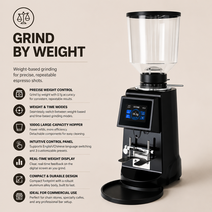 ROASTLY CK74W elektrische Espressomühle mit Touchscreen, grammgenauer Dosierung (3 Speicher), stufenlose Mahlgrad‑Skala 0–60, verstellbare Siebträgergabel, transparenter Bohnenbehälter, Schwarz