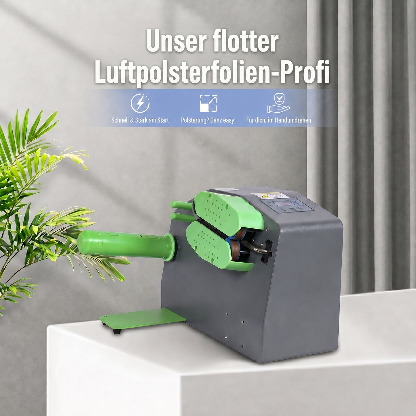 LastWerk Luftpolstermaschine für Luftkissenfolie inkl. 2x 300mm Bubble Film, kompakte Verpackungsmaschine mit digitaler Steuerung für Versand, Lager und E-Commerce