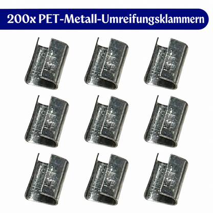 LastWerk PET Umreifungsset mit Bandspanner, Verschlusszange, grünem Umreifungsband, 200 Metallklammern, 30 Kantenschützern & Handschuhen für Paletten, Kartons, Versand, Lager, Transport
