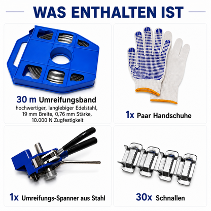 LastWerk Stahl-Umreifungsset mit Bandspannwerkzeug, 30 m Band 19 x 0,76 mm, 30 Schnallen, Handschuhe, Stahl-Spanner mit Schneidgriff für HLK-Rohre, Kabel, Schilder, Paletten-Montage