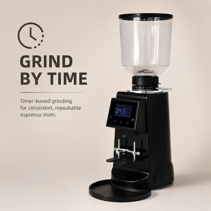 ROASTLY CK74 Elektrische On‑Demand Espressomühle – Scheibenmahlwerk mit stufenloser Mikrometer‑Skala (Skalenring), Touch‑Digitaldisplay mit Timer & Einzel-/Doppeldosis, höhenverstellbarer Siebträgerha