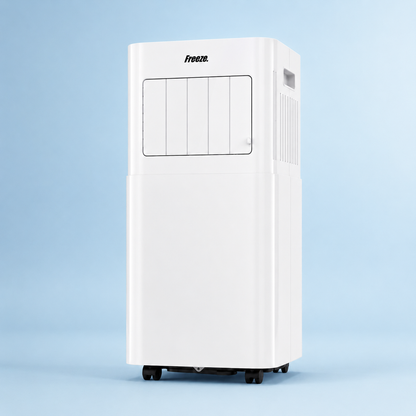 Freeze Mobile Klimaanlage Weiß – Monoblock-Klimagerät mit LED-Display & Fernbedienung, Timer und Sleep‑Modus, verstellbarer Luftauslass, Kindersicherung, Rollen, inkl. Abluftschlauch & Fensterkit