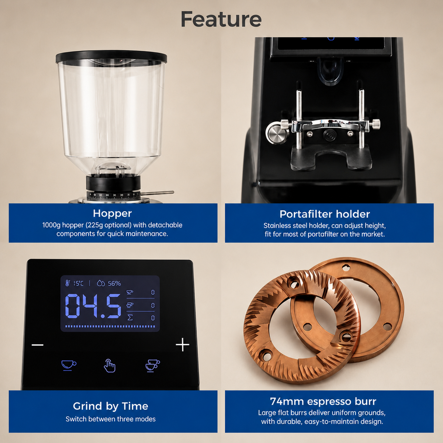 ROASTLY CK74 Elektrische On‑Demand Espressomühle – Scheibenmahlwerk mit stufenloser Mikrometer‑Skala (Skalenring), Touch‑Digitaldisplay mit Timer & Einzel-/Doppeldosis, höhenverstellbarer Siebträgerha