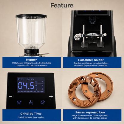 ROASTLY CK74 Elektrische On‑Demand Espressomühle – Scheibenmahlwerk mit stufenloser Mikrometer‑Skala (Skalenring), Touch‑Digitaldisplay mit Timer & Einzel-/Doppeldosis, höhenverstellbarer Siebträgerha