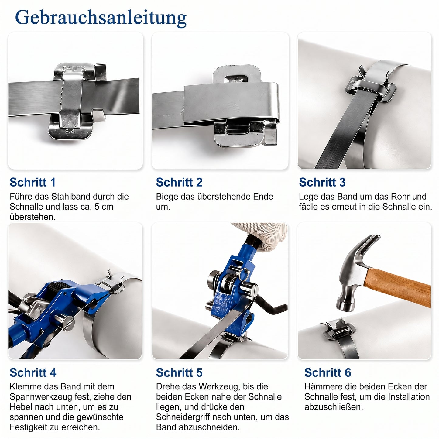 LastWerk Stahl-Umreifungsset mit Bandspannwerkzeug, 30 m Band 19 x 0,76 mm, 30 Schnallen, Handschuhe, Stahl-Spanner mit Schneidgriff für HLK-Rohre, Kabel, Schilder, Paletten-Montage