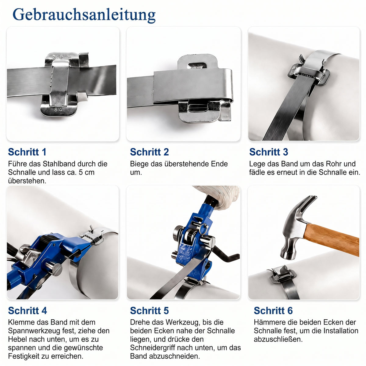 LastWerk Stahl-Umreifungsset mit Bandspannwerkzeug, 30 m Band 19 x 0,76 mm, 30 Schnallen, Handschuhe, Stahl-Spanner mit Schneidgriff für HLK-Rohre, Kabel, Schilder, Paletten-Montage