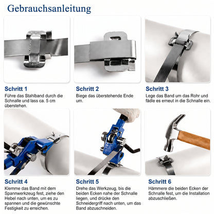 LastWerk Stahl-Umreifungsset mit Bandspannwerkzeug, 30 m Band 19 x 0,76 mm, 30 Schnallen, Handschuhe, Stahl-Spanner mit Schneidgriff für HLK-Rohre, Kabel, Schilder, Paletten-Montage