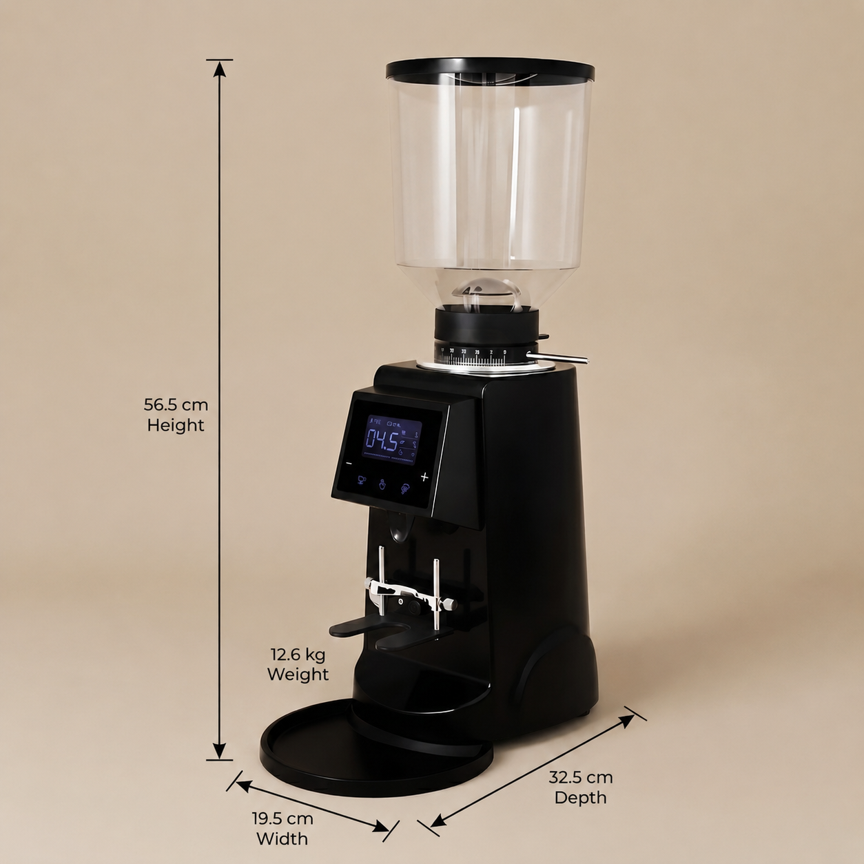 ROASTLY CK74 Elektrische On‑Demand Espressomühle – Scheibenmahlwerk mit stufenloser Mikrometer‑Skala (Skalenring), Touch‑Digitaldisplay mit Timer & Einzel-/Doppeldosis, höhenverstellbarer Siebträgerha