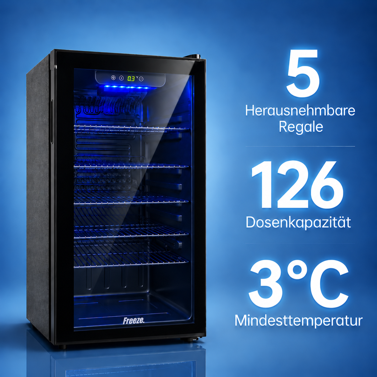Freeze. NinetyB+ 90L Getränkekühlschrank mit Vollglas-Tür, Mini Kühlschrank für 126 Dosen mit verstellbaren Regalen, Weinkühler für Zuhause, Bar & Büro, Schwarz