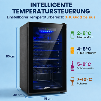 Freeze. NinetyB+ 90L Getränkekühlschrank mit Vollglas-Tür, Mini Kühlschrank für 126 Dosen mit verstellbaren Regalen, Weinkühler für Zuhause, Bar & Büro, Schwarz