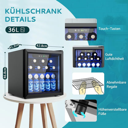 Getränkekühlschrank, Mini Kühlschrank mit Glastür, Bierkühler, Tisch-Getränkekühlschrank für 55 Dosen, Schwarz Freistehender Kühlschrank mit LED, 43dB, für Büro, Zimmer, Bar, 36L, Geräuscharm