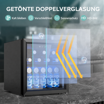 Getränkekühlschrank, Mini Kühlschrank mit Glastür, Bierkühler, Tisch-Getränkekühlschrank für 55 Dosen, Schwarz Freistehender Kühlschrank mit LED, 43dB, für Büro, Zimmer, Bar, 36L, Geräuscharm