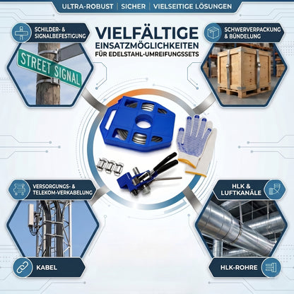 LastWerk Stahl-Umreifungsset mit Bandspannwerkzeug, 30 m Band 19 x 0,76 mm, 30 Schnallen, Handschuhe, Stahl-Spanner mit Schneidgriff für HLK-Rohre, Kabel, Schilder, Paletten-Montage