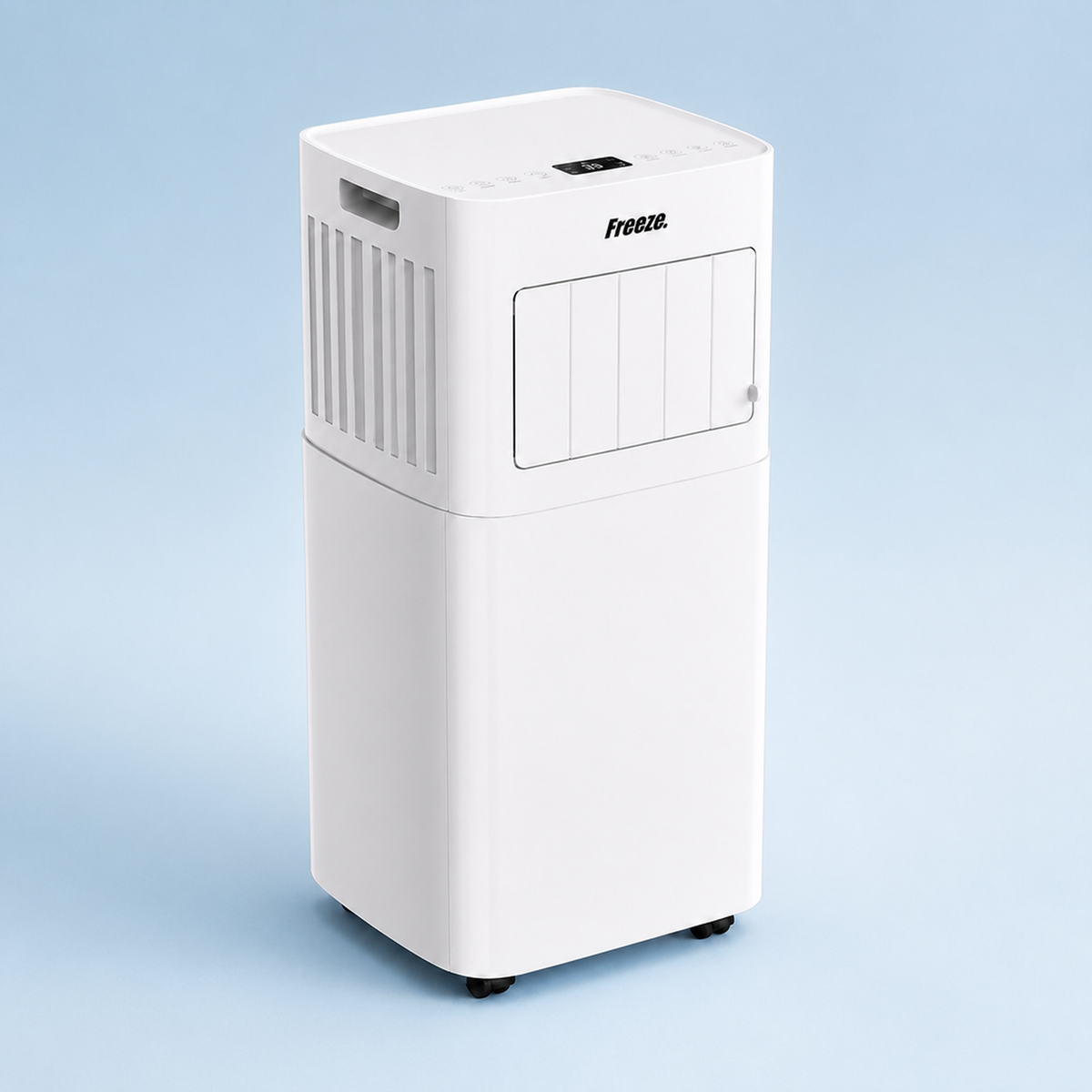 Freeze Mobile Klimaanlage Weiß – Monoblock-Klimagerät mit LED-Display & Fernbedienung, Timer und Sleep‑Modus, verstellbarer Luftauslass, Kindersicherung, Rollen, inkl. Abluftschlauch & Fensterkit