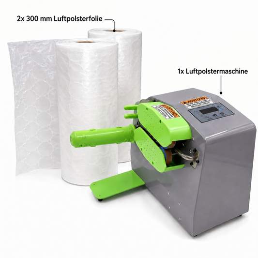 LastWerk Luftpolstermaschine für Luftkissenfolie inkl. 2x 300mm Bubble Film, kompakte Verpackungsmaschine mit digitaler Steuerung für Versand, Lager und E-Commerce