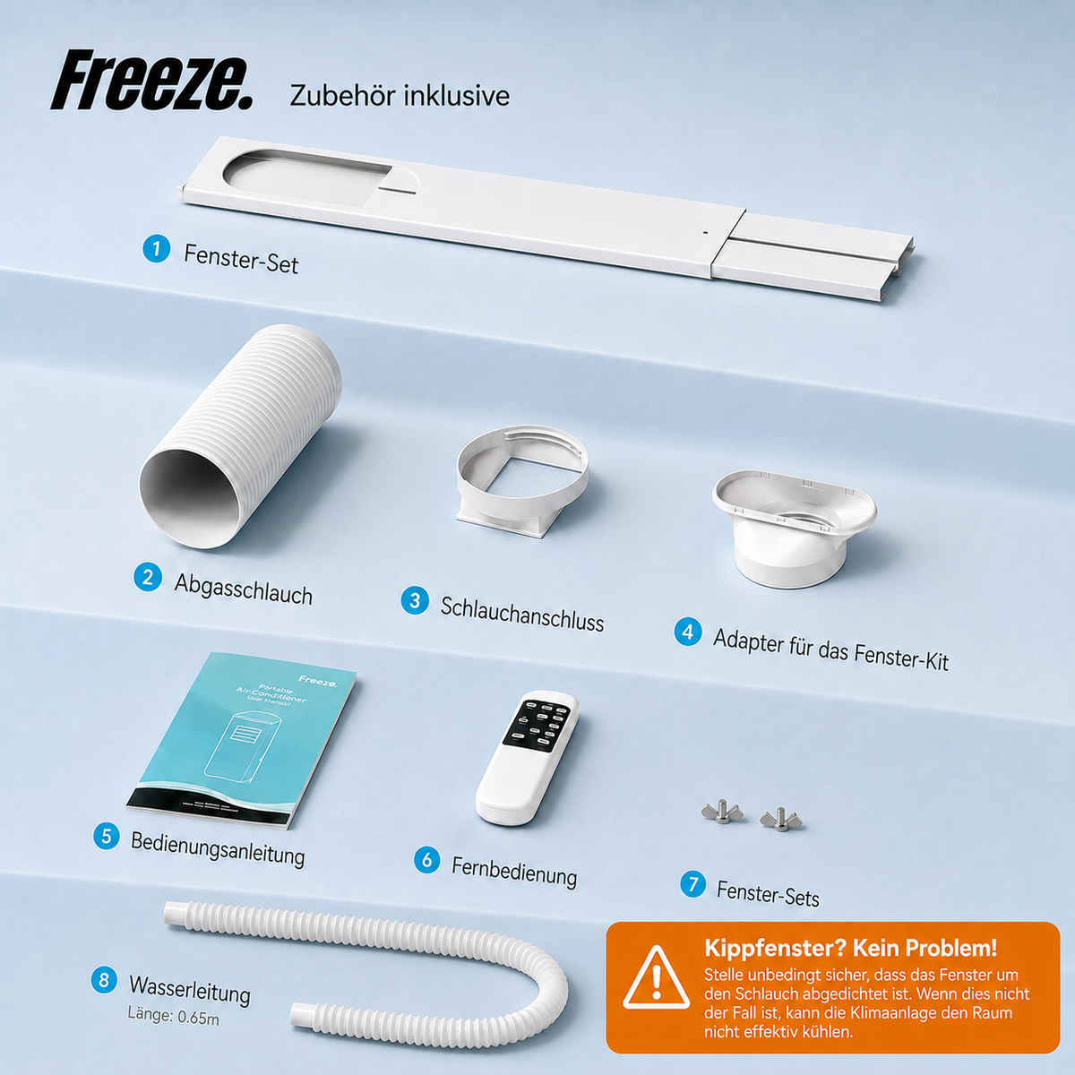 Freeze Mobile Klimaanlage Weiß – Monoblock-Klimagerät mit LED-Display & Fernbedienung, Timer und Sleep‑Modus, verstellbarer Luftauslass, Kindersicherung, Rollen, inkl. Abluftschlauch & Fensterkit