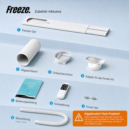 Freeze Mobile Klimaanlage Weiß – Monoblock-Klimagerät mit LED-Display & Fernbedienung, Timer und Sleep‑Modus, verstellbarer Luftauslass, Kindersicherung, Rollen, inkl. Abluftschlauch & Fensterkit