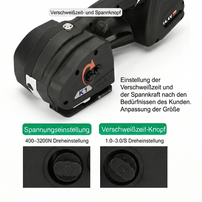 LastWerk K1 Akku-Umreifungsmaschine für PP/PET-Bänder 13–16 mm – Elektrisches Vollautomatisches Umreifungsgerät mit 400–3200N Spannkraft, 14,4V 4,0Ah Akku, für Kartons, Paletten & Verpackung