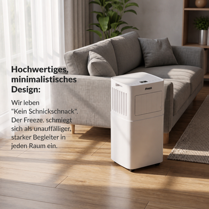 Freeze Mobile Klimaanlage Weiß – Monoblock-Klimagerät mit LED-Display & Fernbedienung, Timer und Sleep‑Modus, verstellbarer Luftauslass, Kindersicherung, Rollen, inkl. Abluftschlauch & Fensterkit