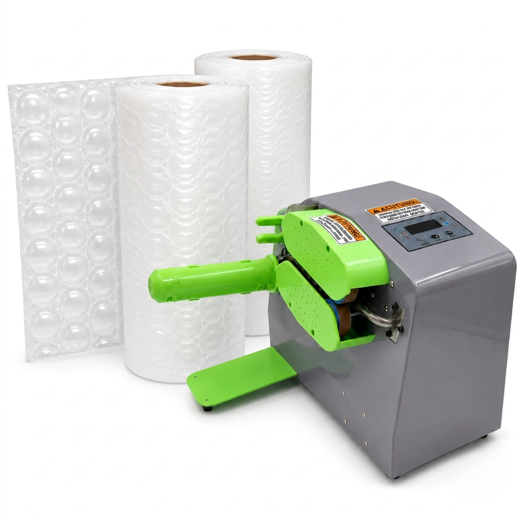 LastWerk Luftpolstermaschine für Luftkissenfolie inkl. 2x 300mm Bubble Film, kompakte Verpackungsmaschine mit digitaler Steuerung für Versand, Lager und E-Commerce