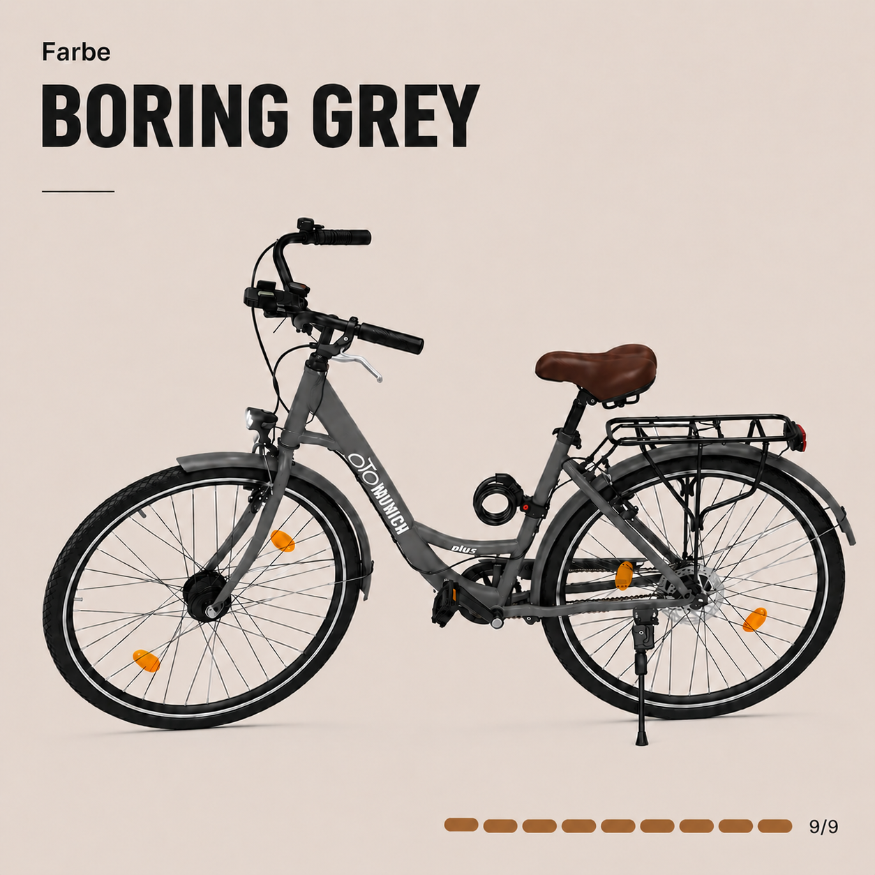 oToMUNICH Base Boring Grey 28 Zoll Fahrrad, Single Speed, City-Bike, Tiefeinsteiger mit Stahlrahmen, Nabendynamo 60 Lux LED Frontlicht, mit Tracker, Fahrradcomputer, Handyhalterung und Gepackträger
