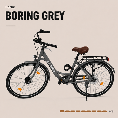 oToMUNICH Base Boring Grey 28 Zoll Fahrrad, Single Speed, City-Bike, Tiefeinsteiger mit Stahlrahmen, Nabendynamo 60 Lux LED Frontlicht, mit Tracker, Fahrradcomputer, Handyhalterung und Gepackträger