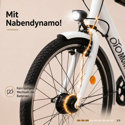 oToMUNICH Base Spotless White 28 Zoll Fahrrad, Single Speed, City-Bike, Tiefeinsteiger mit Stahlrahmen, Nabendynamo 60 Lux LED Frontlicht, mit Tracker, Fahrradcomputer, Handyhalterung und Gepackträger