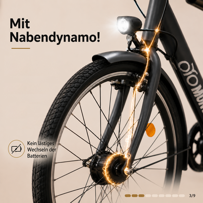 oToMUNICH Base Boring Grey 28 Zoll Fahrrad, Single Speed, City-Bike, Tiefeinsteiger mit Stahlrahmen, Nabendynamo 60 Lux LED Frontlicht, mit Tracker, Fahrradcomputer, Handyhalterung und Gepackträger