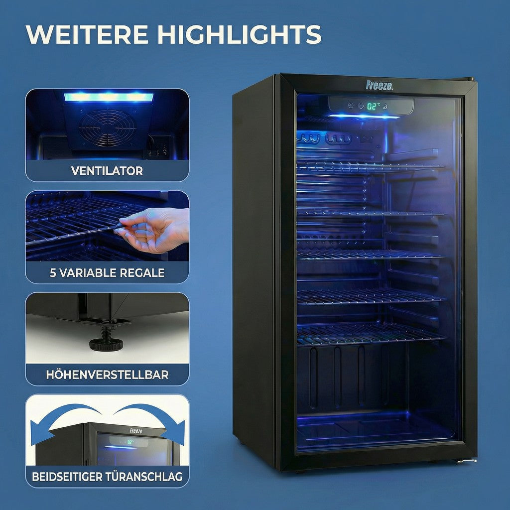 Freeze. 90L Getränkekühlschrank, Mini-Kühlschrank für 126 Dosen, Glastürkühlschrank, Weinkühler, kleiner Kühlschrank mit Glastür und verstellbaren Regalen für Zuhause/Bar/Büro, frostfrei, Schwarz