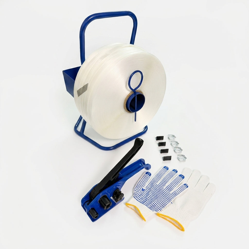 Umreifungsset 16 mm komplett mit Abroller, Bandspanner, 850 m Polyesterband, Handschuhe, 500 Klemmen & 100 Kantenschutzecken – Verpackungsset für Paletten, Versand & Lager