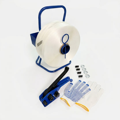 Umreifungsset 16 mm komplett mit Abroller, Bandspanner, 850 m Polyesterband, Handschuhe, 500 Klemmen & 100 Kantenschutzecken – Verpackungsset für Paletten, Versand & Lager