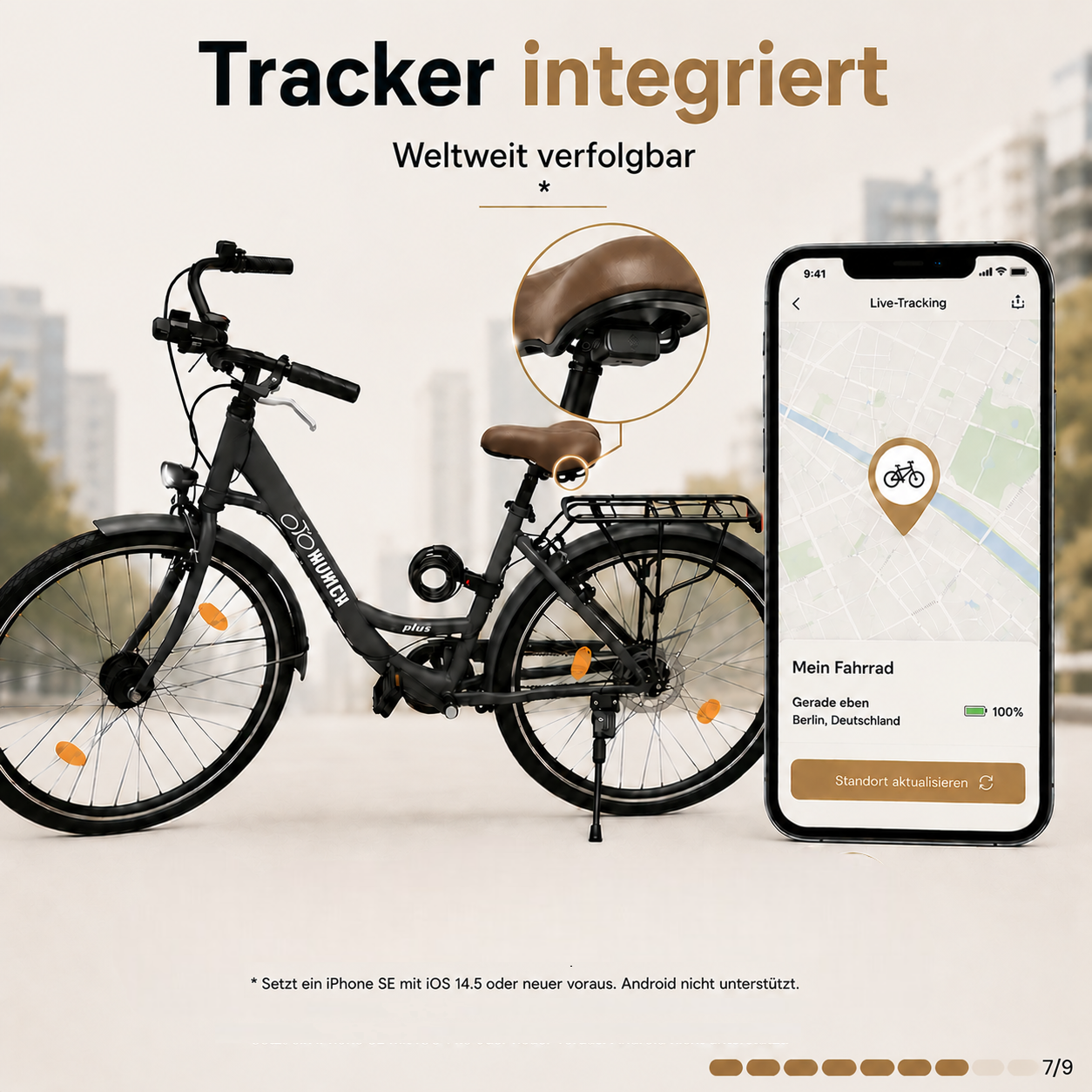 oToMUNICH Base Boring Grey 28 Zoll Fahrrad, Single Speed, City-Bike, Tiefeinsteiger mit Stahlrahmen, Nabendynamo 60 Lux LED Frontlicht, mit Tracker, Fahrradcomputer, Handyhalterung und Gepackträger