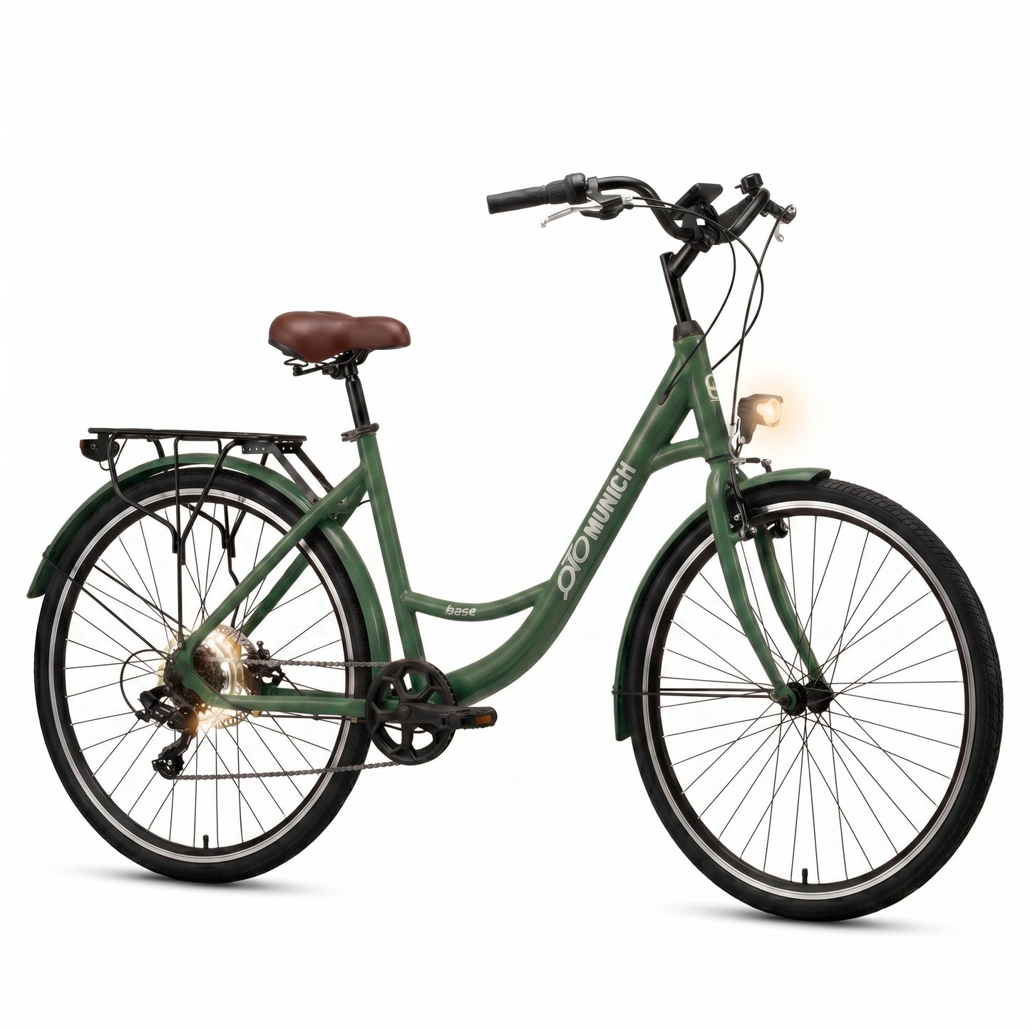 oToMUNICH Plus Olive Green 28 Zoll Fahrrad, Shimano 7-Gang, City-Bike, Tiefeinsteiger mit Stahlrahmen, Nabendynamo 60 Lux LED Frontlicht, mit Tracker, Fahrradcomputer, Handyhalterung und Gepäckträger