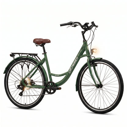 oToMUNICH Plus Olive Green 28 Zoll Fahrrad, Shimano 7-Gang, City-Bike, Tiefeinsteiger mit Stahlrahmen, Nabendynamo 60 Lux LED Frontlicht, mit Tracker, Fahrradcomputer, Handyhalterung und Gepäckträger