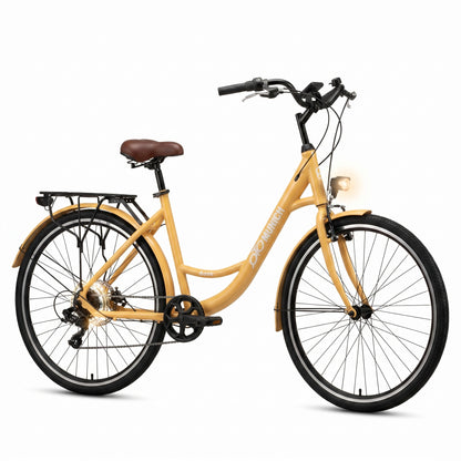 oToMUNICH Plus Sunset Beige 28 Zoll Fahrrad, Shimano 7-Gang, City-Bike, Tiefeinsteiger mit Stahlrahmen, Nabendynamo 60 Lux LED Frontlicht, mit Tracker, Fahrradcomputer, Handyhalterung und Gepäckträger