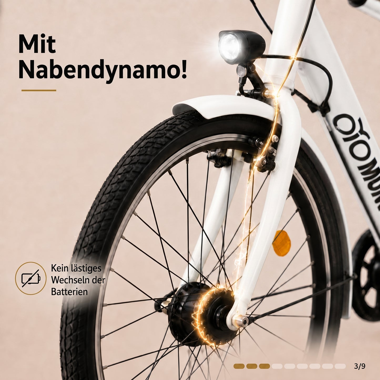 oToMUNICH Plus Spotless White 28 Zoll Fahrrad, Shimano 7-Gang City-Bike Tiefeinsteiger mit Stahlrahmen, Nabendynamo 60 Lux LED Frontlicht, mit Tracker, Fahrradcomputer, Handyhalterung und Gepäckträger