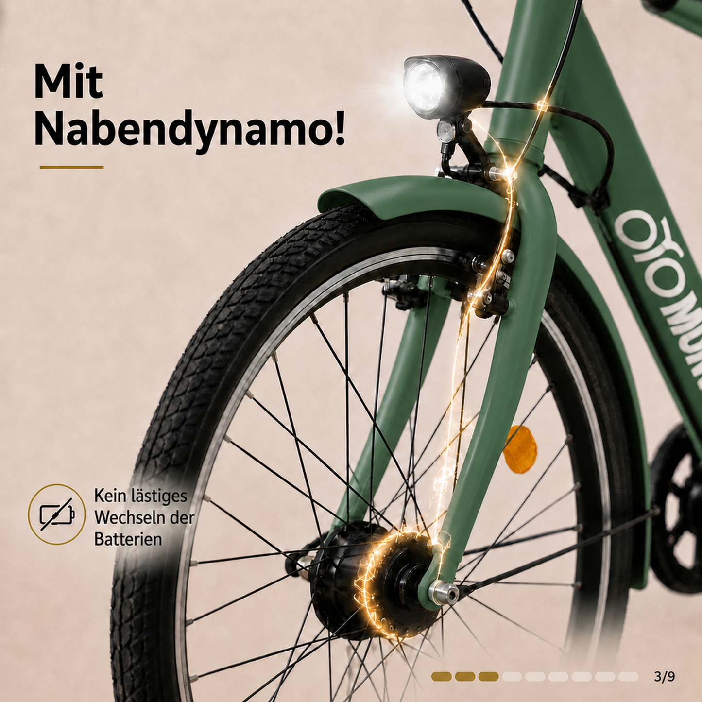 oToMUNICH Plus Olive Green 28 Zoll Fahrrad, Shimano 7-Gang, City-Bike, Tiefeinsteiger mit Stahlrahmen, Nabendynamo 60 Lux LED Frontlicht, mit Tracker, Fahrradcomputer, Handyhalterung und Gepäckträger