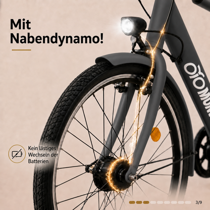 oToMUNICH Plus Boring Grey 28 Zoll Fahrrad, Shimano 7-Gang, City-Bike, Tiefeinsteiger mit Stahlrahmen, Nabendynamo 60 Lux LED Frontlicht, mit Tracker, Fahrradcomputer, Handyhalterung und Gepäckträger