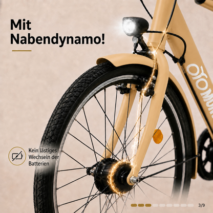 oToMUNICH Plus Sunset Beige 28 Zoll Fahrrad, Shimano 7-Gang, City-Bike, Tiefeinsteiger mit Stahlrahmen, Nabendynamo 60 Lux LED Frontlicht, mit Tracker, Fahrradcomputer, Handyhalterung und Gepäckträger