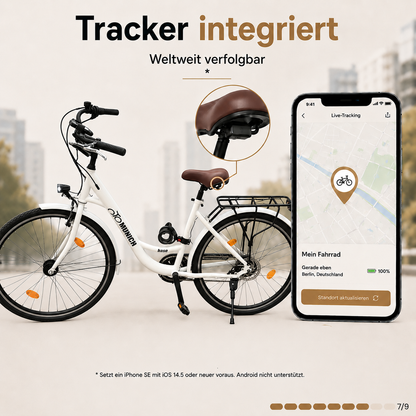 oToMUNICH Base Spotless White 28 Zoll Fahrrad, Single Speed, City-Bike, Tiefeinsteiger mit Stahlrahmen, Nabendynamo 60 Lux LED Frontlicht, mit Tracker, Fahrradcomputer, Handyhalterung und Gepackträger