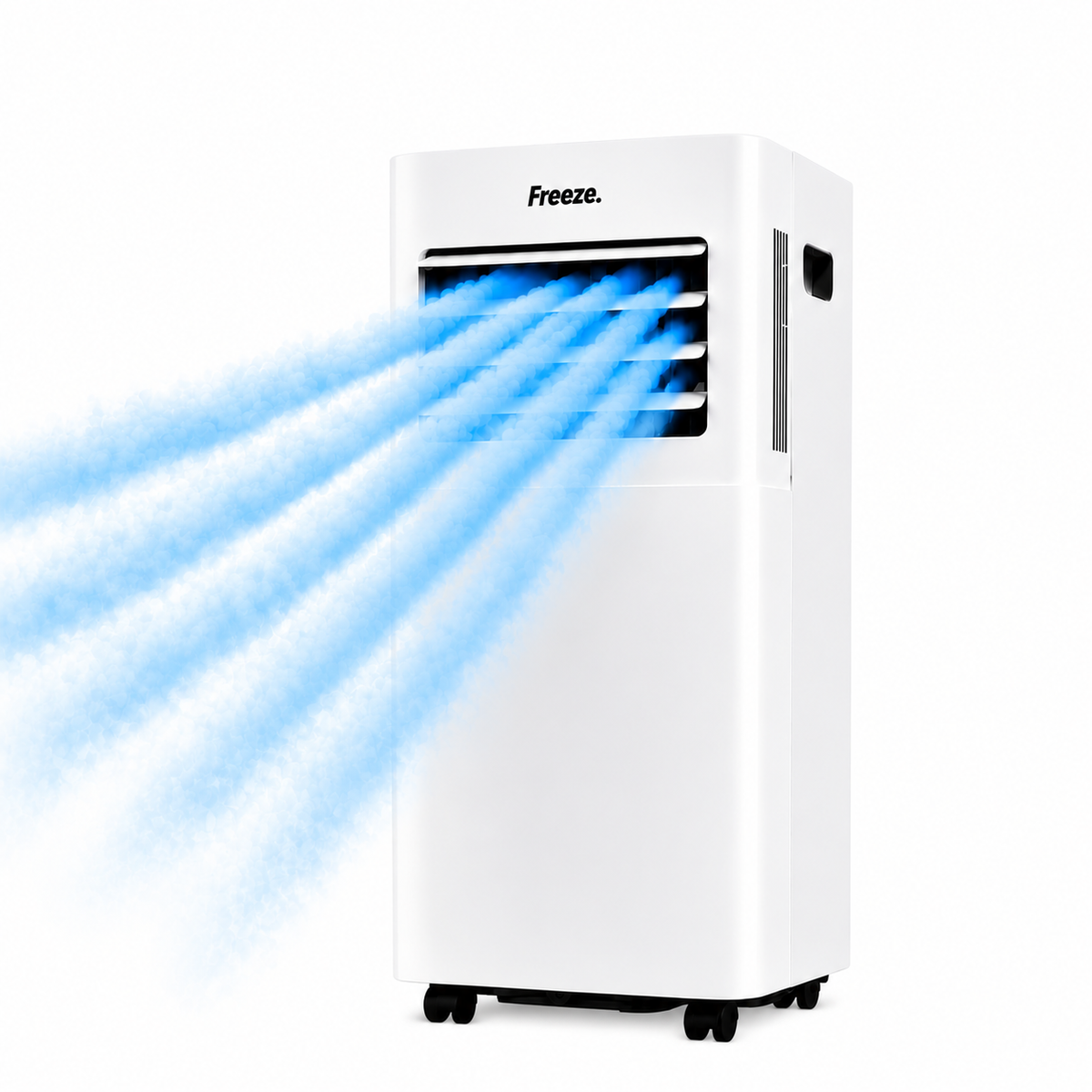 Freeze Mobile Klimaanlage Weiß – Monoblock-Klimagerät mit LED-Display & Fernbedienung, Timer und Sleep‑Modus, verstellbarer Luftauslass, Kindersicherung, Rollen, inkl. Abluftschlauch & Fensterkit