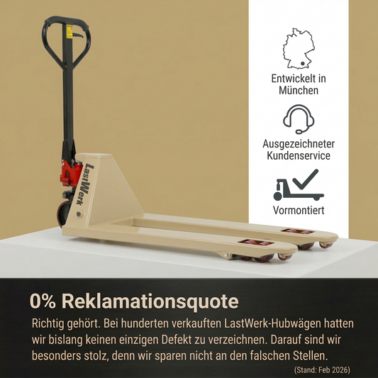 LastWerk One Hubwagen 2500 kg und 1150 mm Gabellänge PU-Rollen Handhubwagen Palettenwagen Gabelhubwagen aus Stahl, Polyurethan