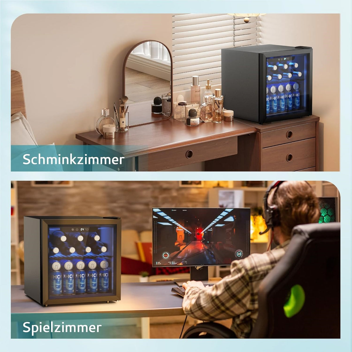Getränkekühlschrank, Mini Kühlschrank mit Glastür, Bierkühler, Tisch-Getränkekühlschrank für 55 Dosen, Schwarz Freistehender Kühlschrank mit LED, 43dB, für Büro, Zimmer, Bar, 36L, Geräuscharm