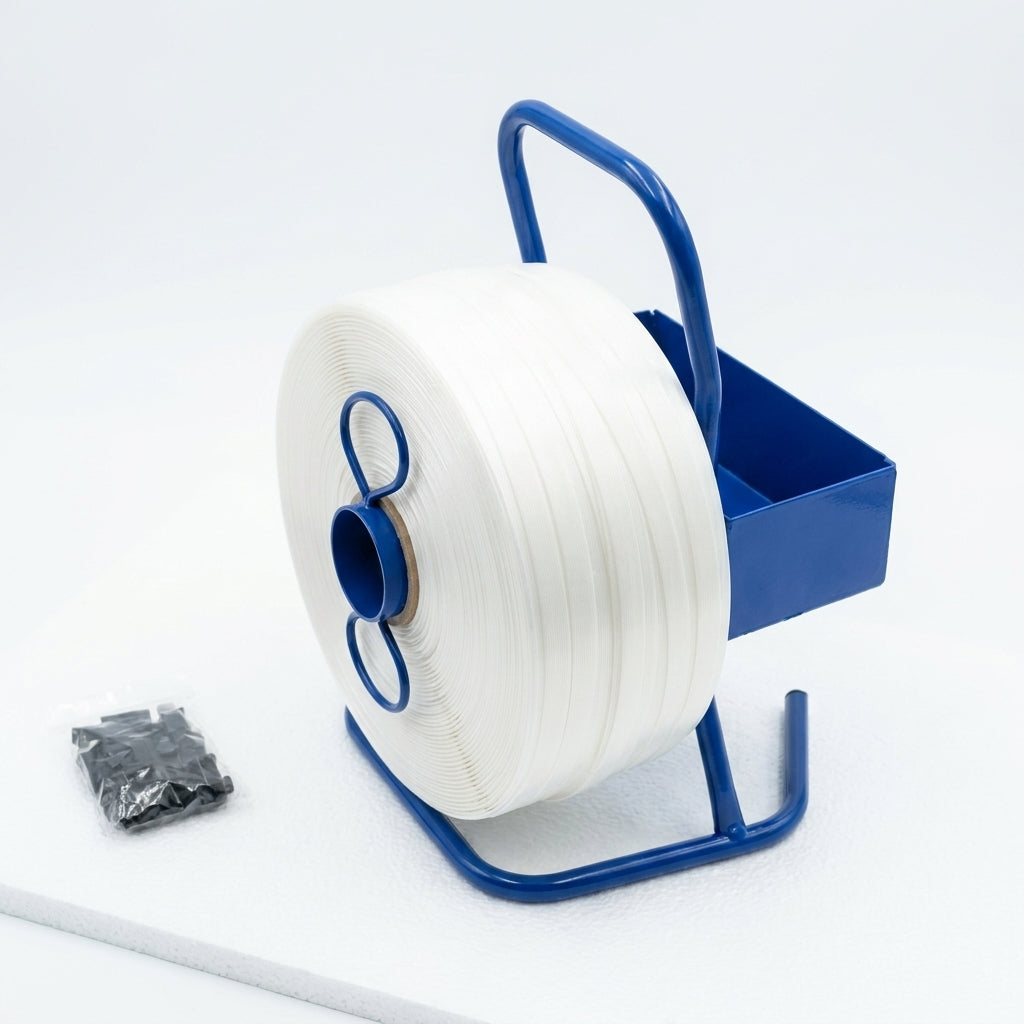 Umreifungsset 16 mm komplett mit Abroller, Bandspanner, 850 m Polyesterband, Handschuhe, 500 Klemmen & 100 Kantenschutzecken – Verpackungsset für Paletten, Versand & Lager