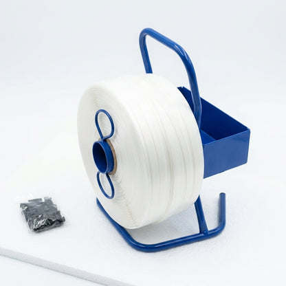 Umreifungsset 16 mm komplett mit Abroller, Bandspanner, 850 m Polyesterband, Handschuhe, 500 Klemmen & 100 Kantenschutzecken – Verpackungsset für Paletten, Versand & Lager
