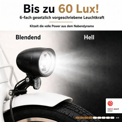 oToMUNICH Plus Spotless White 28 Zoll Fahrrad, Shimano 7-Gang City-Bike Tiefeinsteiger mit Stahlrahmen, Nabendynamo 60 Lux LED Frontlicht, mit Tracker, Fahrradcomputer, Handyhalterung und Gepäckträger